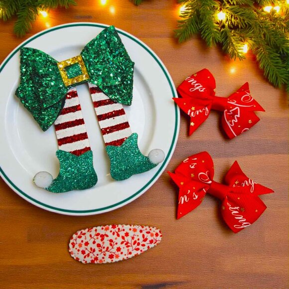 Green Glitter Elf Clippie Hair Bow Set - Picture 1 of 2